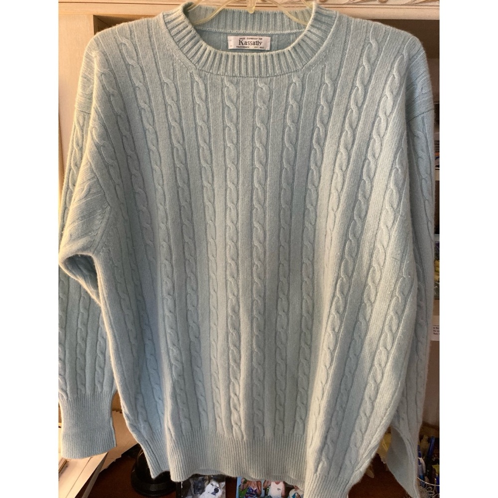 KASSATLY Mens Palm Beach Pure Cashmere Seafoam Green Cable Knit Sweater MEDIUM